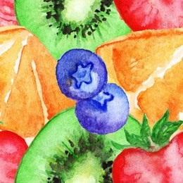 watercolor kiwi orange strawberry blueberries fruit berry set vector seamless pattern background