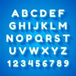 3d alphabet font with flat long shadow effect. vector illustration. blue background
