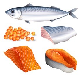 salmon in different cuts and salmon eggs