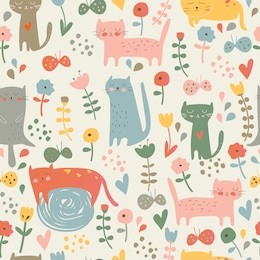 cute seamless background with cute kittens, flowers and butterflies in cartoon style