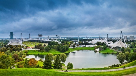 olympic park in rainy weather, munich, germany
