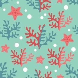 seamless pattern of marine. corals and starfish on a blue background. ocean background. marine life seamless pattern with sea animals. marine life seamless background.