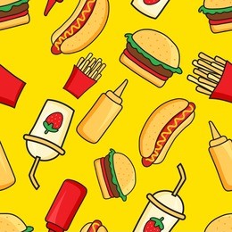 vector seamless pattern of funny cartoonish fast food dishes on yellow background