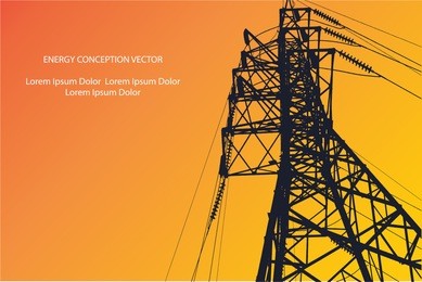 silhouette of high voltage power lines on orange background. vector illustration.