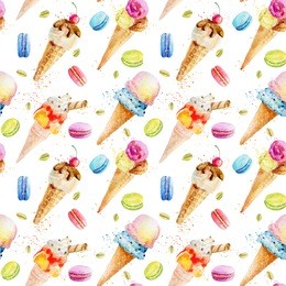 watercolor seamless pattern with ice cream and macaroons. painting with spray paint. delicious desserts with different flavors.