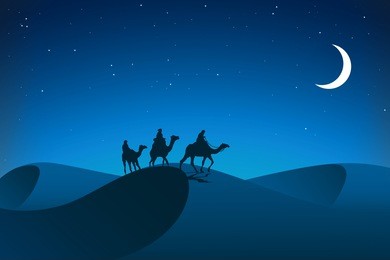 night in desert. caravan.