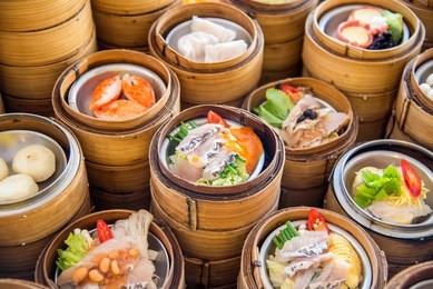 yumcha, dim sum in bamboo steamer, chinese cuisine