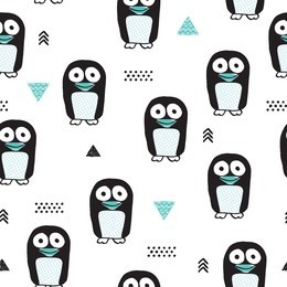seamless winter kids adorable penguin owl animal and geometric illustration background pattern in vector