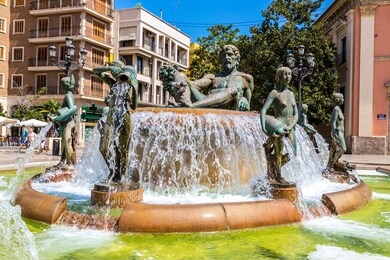 square of saint mary's and fountain rio turia  in valencia in a summer day, spain