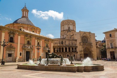 square of saint mary's and fountain rio turia  in valencia in a summer day, spain