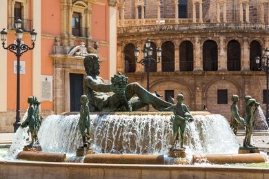 square of saint mary's and fountain rio turia  in valencia in a summer day, spain