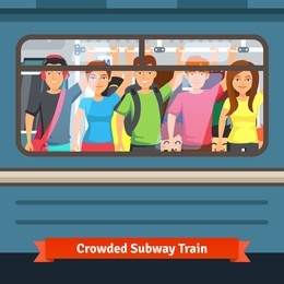 crowded subway train. young people standing close and holding to a hand rail. flat style vector illustration.