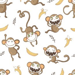 vector illustration. seamless pattern with funny monkeys and bananas.