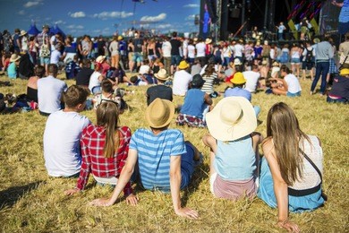 group of beautiful teens at concert at summer festival