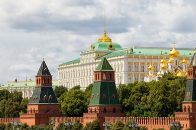 landscape with grand kremlin palace, ancient walls and towers, moscow, russia