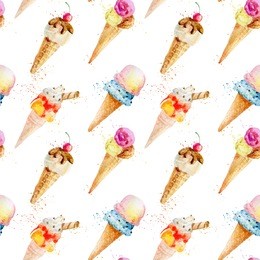 seamless pattern with delicious ice cream cones. painting with spray paint. different flavors.