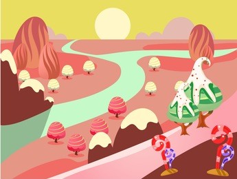 cartoon fairy tale landscape. candy land illustration for game background