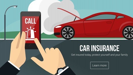 car insurance banner with man calling emergency services using a mobile phone and car accident on background