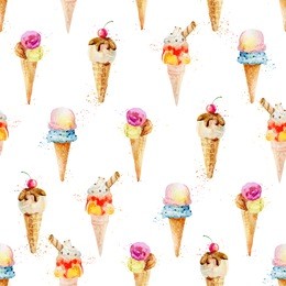 seamless pattern with ice cream cones isolated on white background. watercolor painting with spray paint. different flavors. vector illustration
