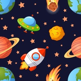childish seamless space pattern with planets, ufo, rockets and stars. 