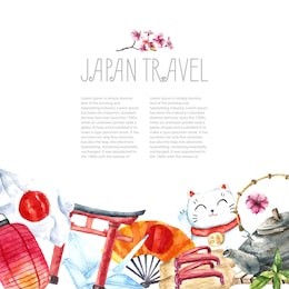 watercolor japanese frame. frame with hand draw japanese objects:torii gate,origami bird,japan flag,lacky cat,japanese lantern and fan,geisha shoes,bonsai tree,koi fish and cherry blossom.