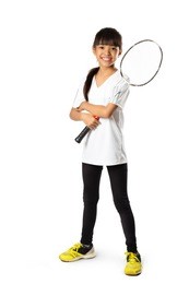 little asian girls with badminton, isolate over white