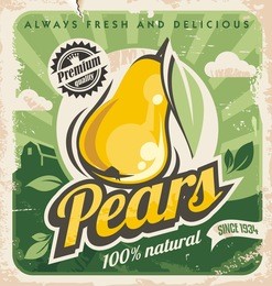 retro pear poster design. vintage sign for farm fresh food. yellow fruit on old paper texture. promotional ad layout concept.