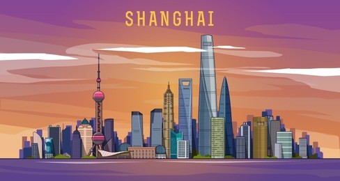 shanghai skyline. vector illustration .shanghai skyline and huangpu river with sunset glow