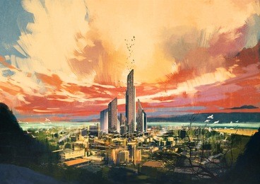 digital painting of futuristic sci-fi city with skyscraper at sunset,illustration