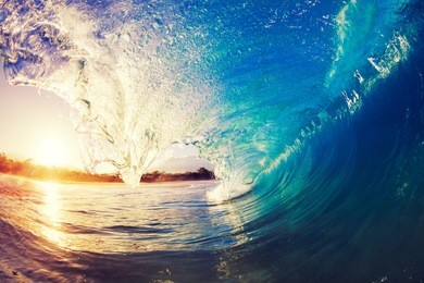sunrise wave, tropical island atoll, nature untouched paradise  