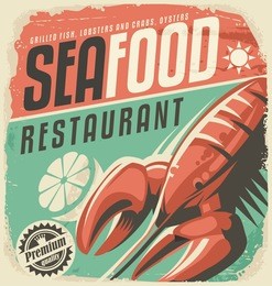 retro seafood restaurant poster with lobster and lemon slice. vintage fish specialties sign on old paper texture. promotional ad design layout for bistro. food and drink background theme.