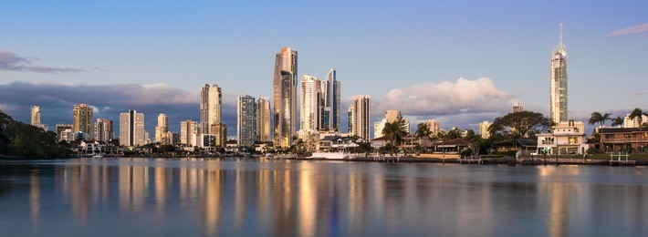 golden hour of the heart of surfers paradise during a stunning sunset, gold coast, queensland, australia