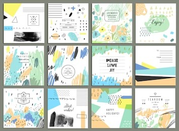 set of 12 creative universal cards. hand drawn textures. wedding, anniversary, birthday, valentin's day, party invitations. vector. isolated.