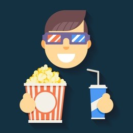 male guy man boy character cinema 3d glasses big popcorn soda water flat icon vector illustration