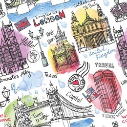 vector london landmark seamless pattern.vector london watercolor splash .doodle hand drawn sketchy, lettering.london famous architectural monuments ,symbols. england vintage icons,textured background
