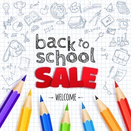welcome back to school sale background, with hand drawn doodle elements and realistic pencils.  vector illustration. 