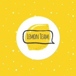 vector funny lemon logo in trendy hand drawn doodle style with text bubble. cute lemon logotype on bright yellow background with dots pattern.
