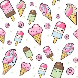 seamless pattern with cute cartoon ice-creams on white background in japan kawaii style
