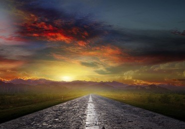 long country road with white lines down the centre stretching off past a lone tree to the distant horizon 