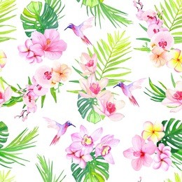 hummingbirds and tropical flowers seamless vector pattern