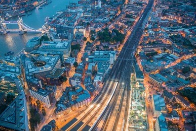 night aerial view of london railway