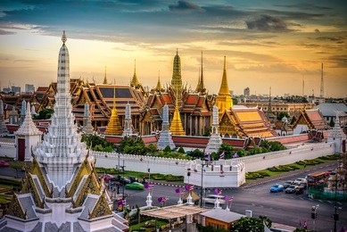 grand palace and wat phra keaw at sunset bangkok, thailand