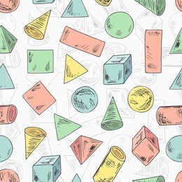 seamless pattern of colorful geometric shapes. basic geometric shapes. hand drawn doodles illustration