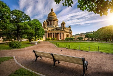st. isaac's cathedral and the deserted park in the morning light