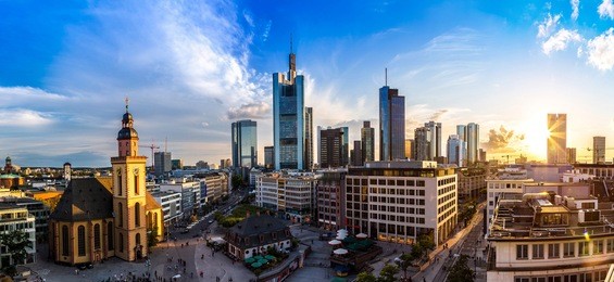 aerial view of frankfurt with hauptwachen at sunset