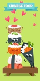 postcard valentine's day. illustration with funny characters. love and hearts. japanese traditional cuisine illustration. cute sushi character. japanese food.
