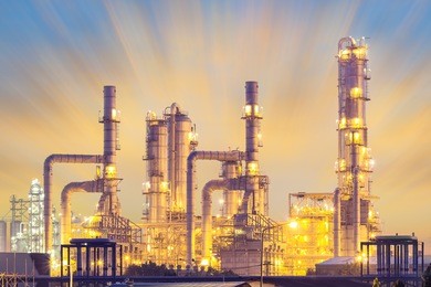 oil refinery plant at twilight with sky background.
