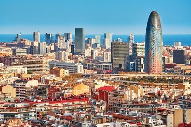 scenic aerial view of the agbar tower in barcelona in spain