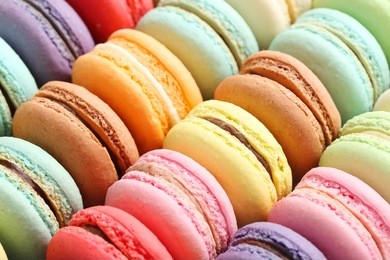 french colorful macarons background, close up