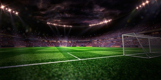 football stadium, trophy, lighting equipment, grass, floodlit